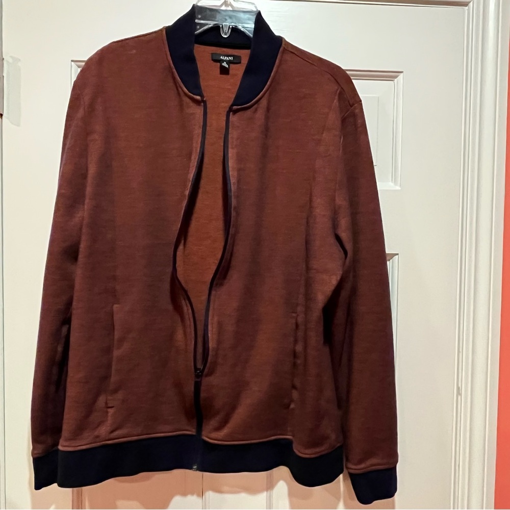 Alfani Zip Front Sweater Rust/Navy with Navy Trim Pockets Size XL